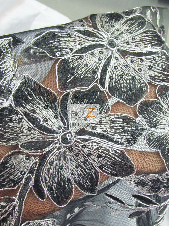 2 Tone Metallic Carnation Floral Sequins Fabric / Red/White / Sold By The Yard - Image 3