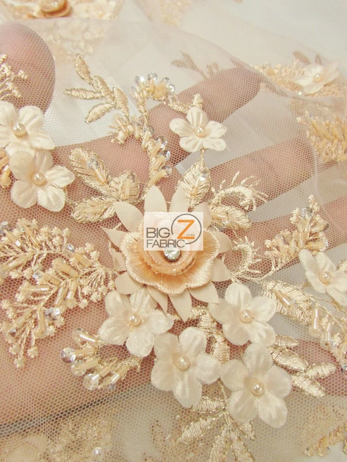 French Floral 3D Beaded Sequins Fabric / Gold / Sold By The Yard - Image 3